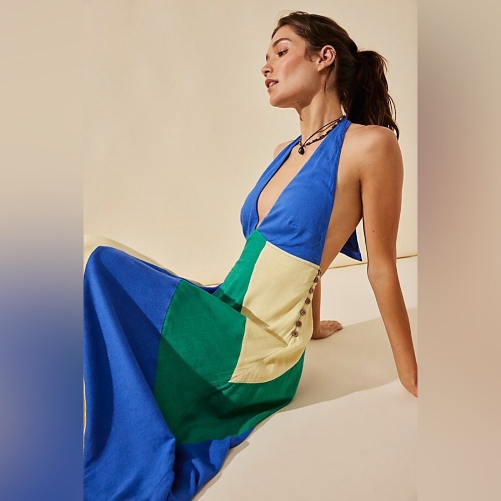 Free People Give Me A Spin Colorblock Tie Back Halter Midi Sz M NEW - Picture 2 of 4